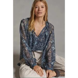 Anthropologie Let Me Be Puff-Sleeve Blouse Sheer Long Sleeve V-Neck Romantic